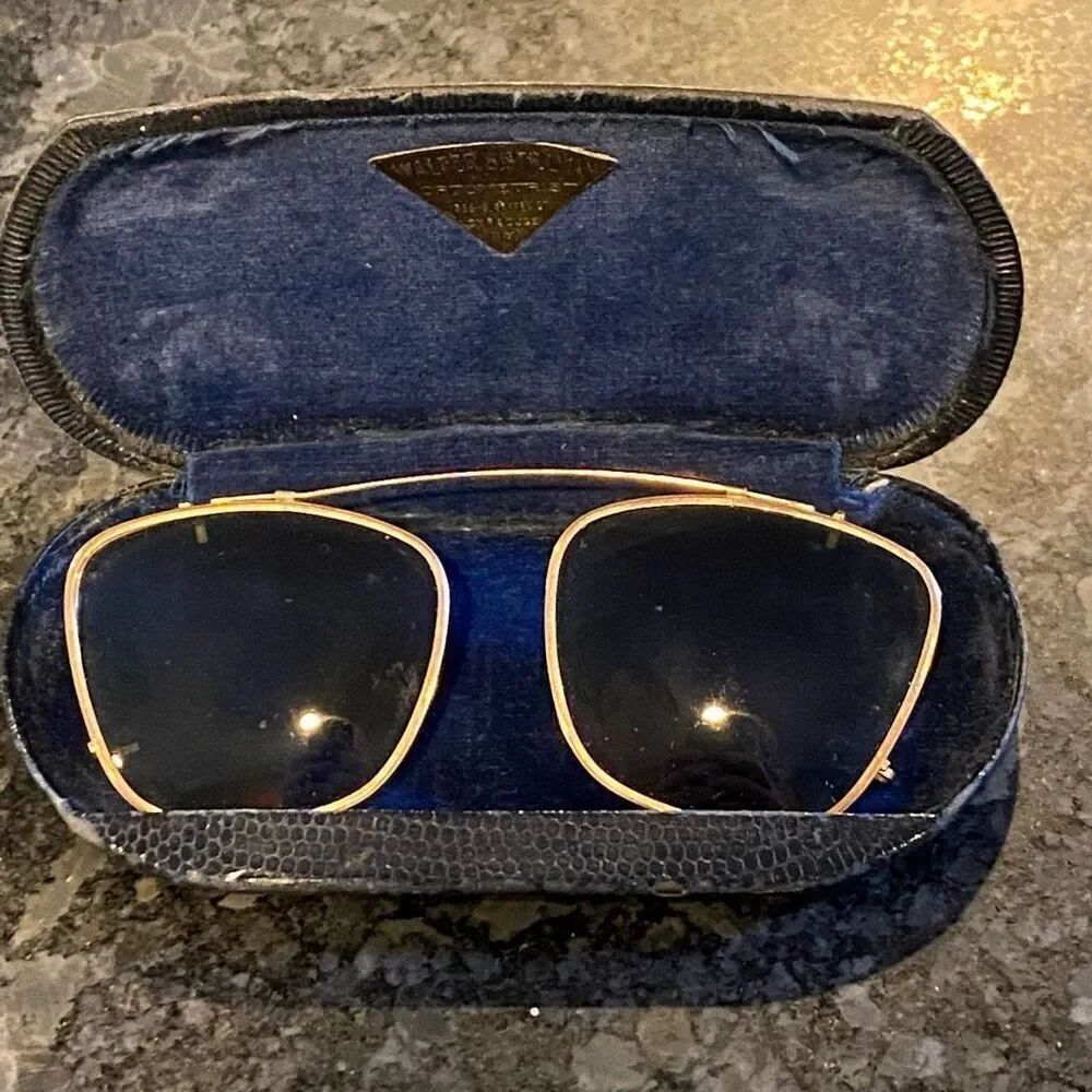 Vintage 1940's Clip-on Sunglasses. Gold wire frame